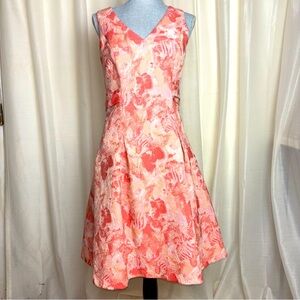 Pamella Roland Designer Pastel Peachy Pinks Fit Flare Jacquard Cocktail Dress